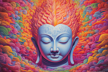 Colorful vibrant painting of the Buddha meditating, illustrating mind expansion and spiritual awakening. Generative AI. - obrazy, fototapety, plakaty