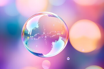 A bubble close up shot in front of pastel colorful background.
