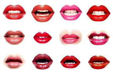 Obraz premium Set of mouths with beautiful make-up isolated on white background.Generative Ai.