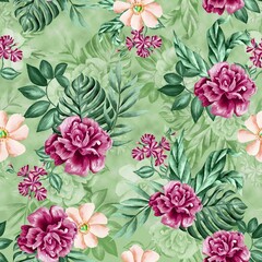 Watercolor flowers pattern, purple and yellow tropical elements, green leaves, green background, seamless