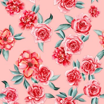 Watercolor flowers pattern, red tropical elements, green leaves, golden background, seamless
