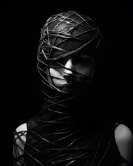Black and white portrait of a person. A woman in black and white with a head covered by strings. Restrained expressionism.