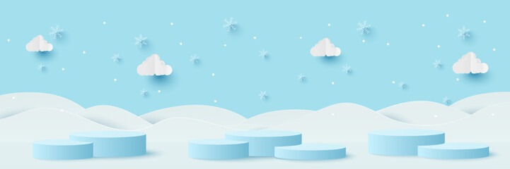 Merry christmas bakcground. Podium platform to show product with during the snowfall. Vector illustration