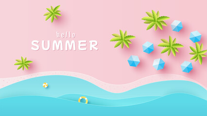 Fototapeta na wymiar Summer sale time background. Aerial view beach with waves and umbrellas. Top view. Vector illustration