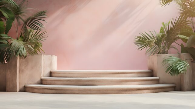 Staircase in the garden with soft pastel color house wall and tropical plants and leaves on sides. Creative copy space.  