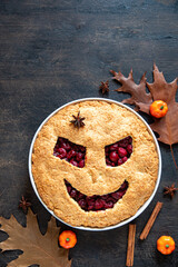 Halloween food. Halloween cake. Halloween homemade cakes. Autumn theme. Delicious homemade cherry pie for halloween