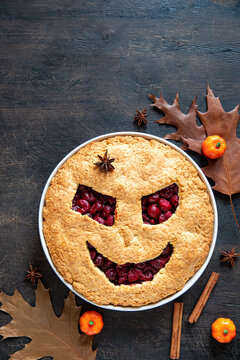 Halloween food. Halloween cake. Halloween homemade cakes. Autumn theme. Delicious homemade cherry pie for halloween