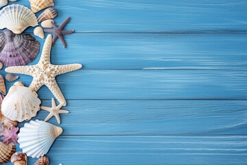 Top view Seashells,star fish on blue wooden background.Generative Ai.