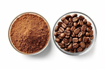 Top view of ground coffee powder and coffee seed isolated on white background.Generative Ai.
