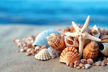 Fototapeta na wymiar Seashells,star fish on sea background.Generative Ai.