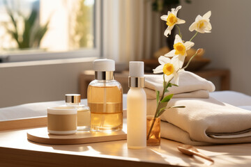 A serene image of a spa setting with curcuma-infused beauty products, highlighting its use in skincare. Generative Ai