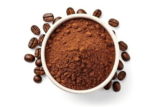 Top view of ground coffee powder and coffee seed isolated on white background.Generative Ai.