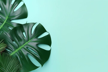 Monstera leaves on green pastel minimal background.Generative Ai.