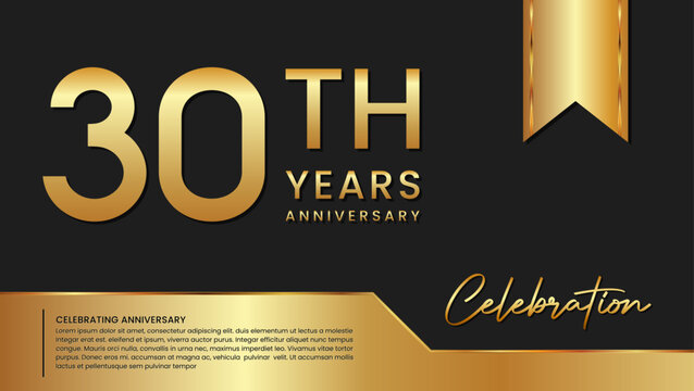 30th anniversary template design in gold color isolated on a black and gold background, vector template