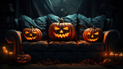 3d rendering of creepy jack o' lanterns sitting on the sofa in the darken living room. Generative Ai