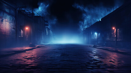 A dark empty street, dark blue background, an empty dark scene, neon light. Generative Ai