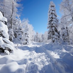 Fototapeta na wymiar Beautiful landscape, snowy road in the forest between the trees, winter sseason. Generative AI