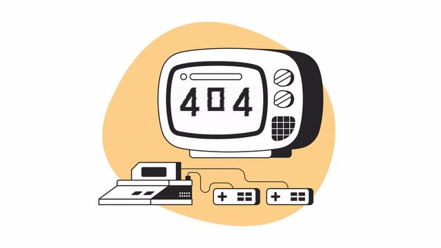 Television with retro game controller bw error 404 animation. 8 bit arcade videogame on tv error message gif, motion graphic. Game over nostalgic animated outline 4K video isolated on white background