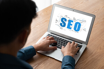 SEO search engine optimization for modish e-commerce and online retail business showing on computer...