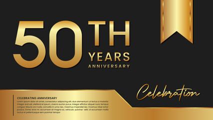 50th anniversary template design in gold color isolated on a black and gold background, vector template
