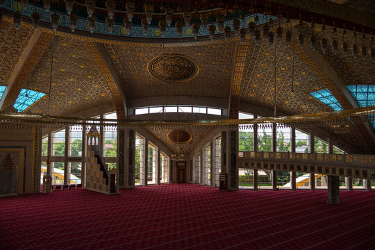 ARGUN, RUSSIA - JUNE 14, 2023: Interior of the Mother's Heart Mosque. Chechen Republic