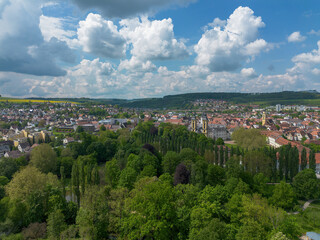 Bad Mergentheim and the surrounding area taken from above by drone in summer