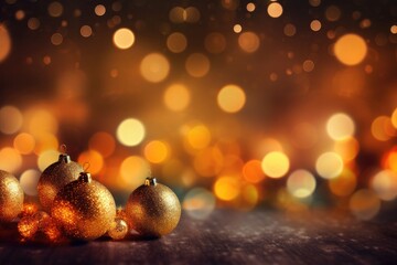 Fototapeta premium Happy Christmas light decorations in new year night winter background. Ornaments elements gold confetti bokeh color Xmas ornaments Glass ball tree decorations. Christmas glowing Golden Background.