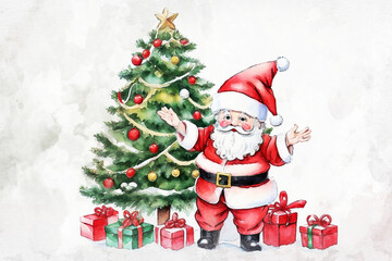 Watercolor art of Santa Claus beside a Christmas tree