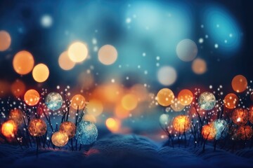 Fototapeta na wymiar Happy Christmas light decorations in new year night winter background. Ornaments elements gold confetti bokeh color Xmas ornaments Glass ball tree decorations. Christmas glowing Golden Background.