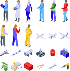 Aerospace engineer icons set isometric vector. Engine work. Safety jet