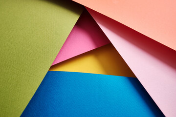  Abstract texture of colored paper. Geometric shapes and lines in bright colors. Place for text. Multicolor abstract flat lay. Back to school concept. Copy space, top view