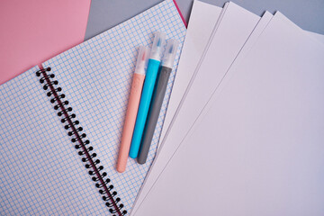 Top view of blank notepads, pen and markers. Mockup. The concept of office and school supplies, school year
