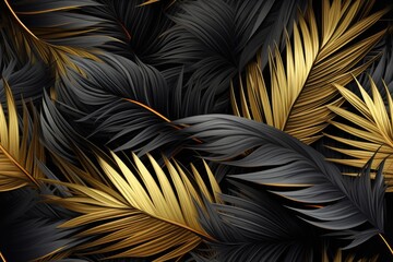 seamless pattern with gold and black tropical palm leaves on dark background. Generative AI