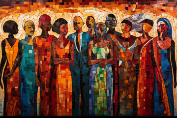 Fototapeta premium Mosaic interpretation of people of various races, genders, and ages standing together, each piece represents individuality within unity, vibrant, and striking colors