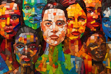 Mosaic interpretation of people of various races, genders, and ages standing together, each piece represents individuality within unity, vibrant, and striking colors