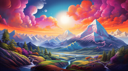 Social justice issues represented as a surreal landscape, mountains as obstacles, a rising sun symbolizing hope, dramatic lighting, vibrant colors, painterly effect