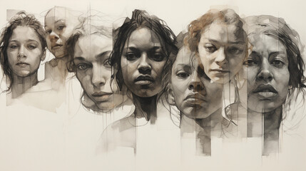 A collage of abstract human faces of different ethnicities, sketched in charcoal, raw emotion and determination, against a stark white background, dramatic contrast