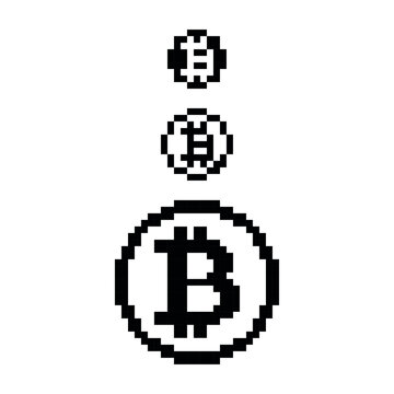 bitcoin icon logo three different sizes black and white models pixel art 8 bits style model 01