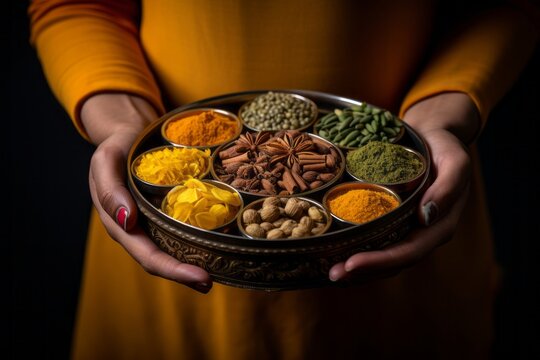 Hands holding a traditional Indian spice box (Masala Dabba) with curcuma as a centerpiece. Generative AI
