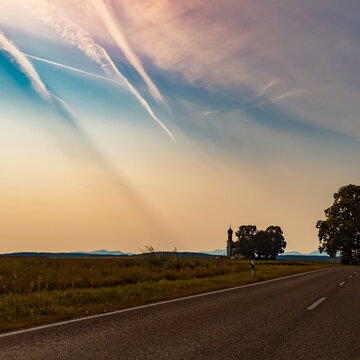 Beautiful alpine sunrise view with a church near Etting, Weilheim-Schongau, Bavaria, Germany