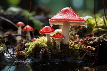 Fly Agaric mushroom with water drops in the forest background. Generative AI - obrazy, fototapety, plakaty