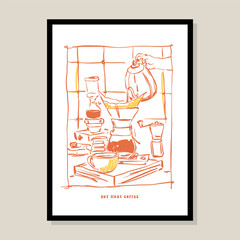 Coffee hand drawn vector illustration in a poster frame. Art for postcards, branding, logo design, background.