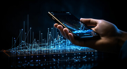 phone in hand, on the screen a large number of subscribers and a graph going up, media, realistic, technology, blue color