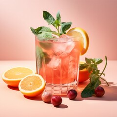 Illustration of a refreshing drink with oranges and cherries created with Generative AI technology