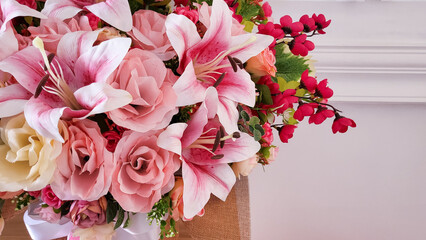 closeup of beautiful flower composition with autumn pink and red flowers for interior decor.