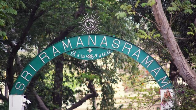 Sign at the entrance to Ramana Ashram. Tiruvannamalai, India