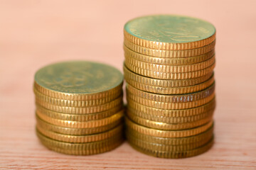 Stack of coins close-up, macro shot.
