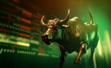 Bull market trading up trend of graph green background rising price. Bitcoin and Stock Exchange. Generative AI.	
