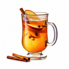 glass mug of apple cider with cinnamon isolated on white 