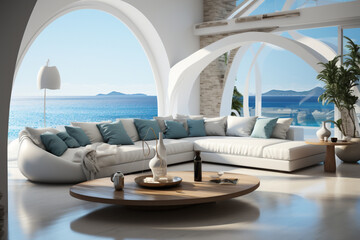 Fototapeta premium White large modern living room, ocean view background, modern Italian round furniture, ultramarine round pillows , modern architecture, round windows. AI Generative
